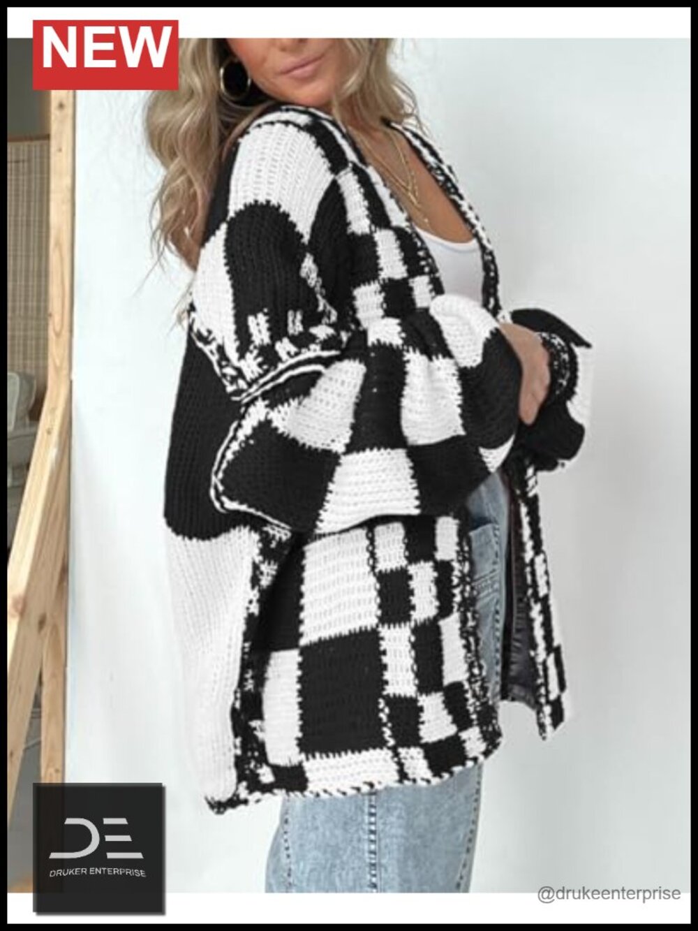 Open Front Chunky Knit Cardigan Sweater for Women Long Sleeve Checkered Coat - Picture 4 of 6
